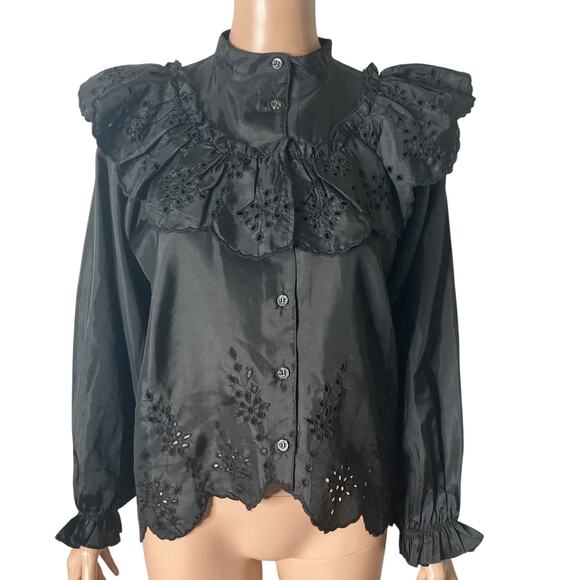 Topshop Eyelet Blouse Womens Size 4 Black Button Front - Picture 2 of 16